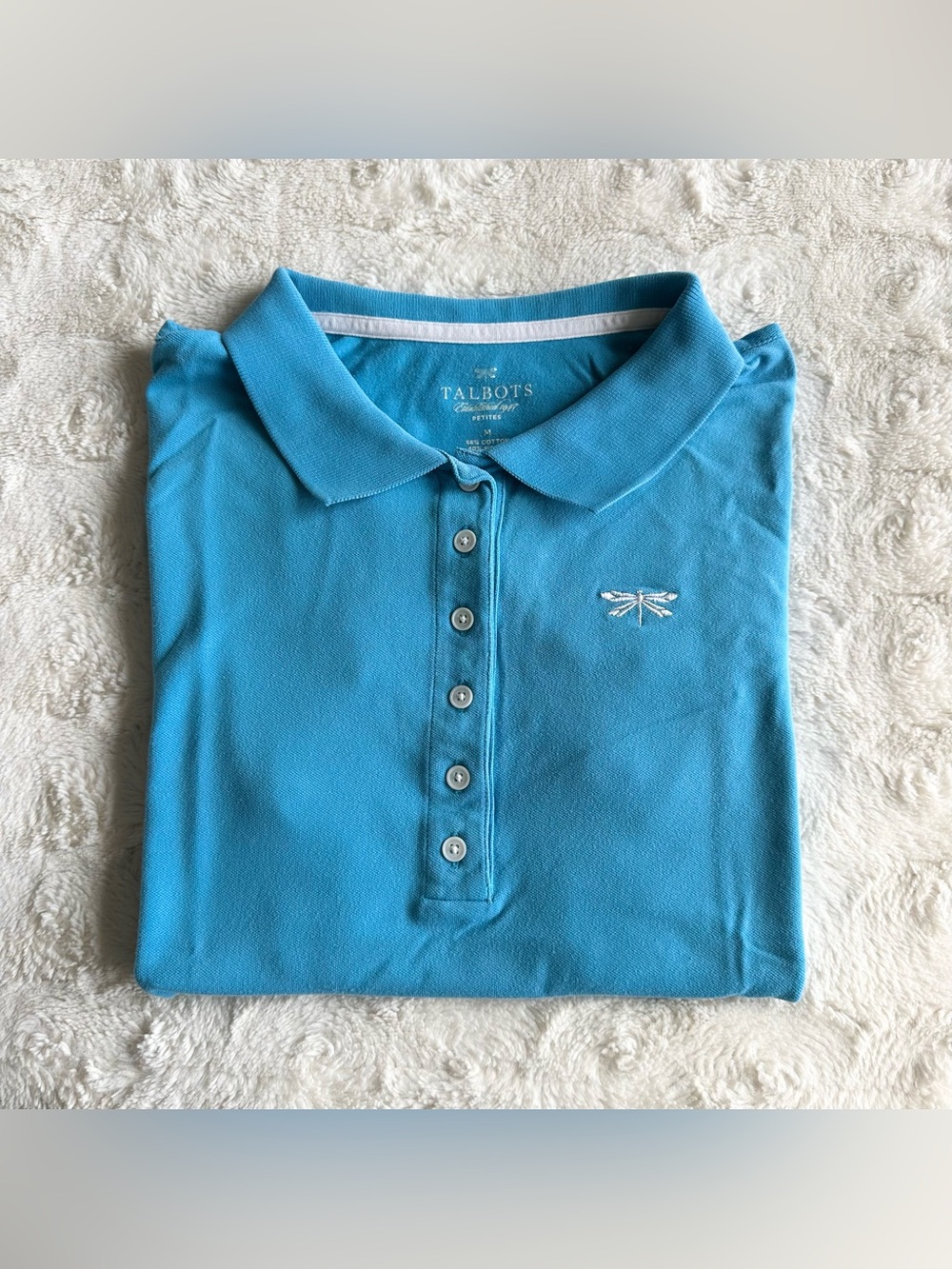 Talbots Polo Shirt Womens Petite Medium Blue Cotton Dragonfly Short Sleeve Solid